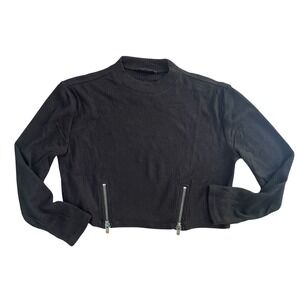 Soncy Black Ribbed Crop Top Mock Neck Long Sleeve Zipper Detail, Size‎ L